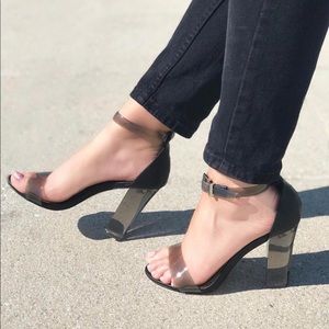 Black Lucite Chunky Heel Barely There Strap Sandal